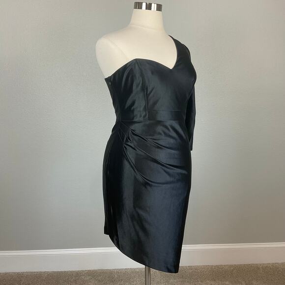 Aidan Mattox Satin One Shoulder Mini Sheath Cocktail Dress Black Size 12 - Picture 2 of 12